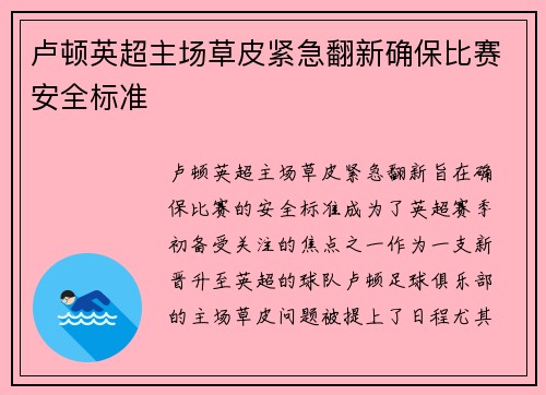 卢顿英超主场草皮紧急翻新确保比赛安全标准