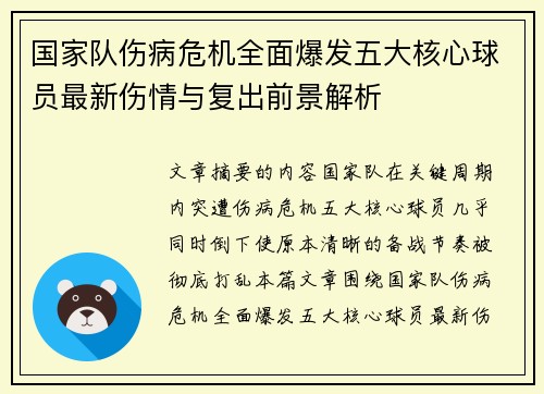 国家队伤病危机全面爆发五大核心球员最新伤情与复出前景解析 国家队伤病危机全面爆发五大核心球员最新伤情与复出前景解析